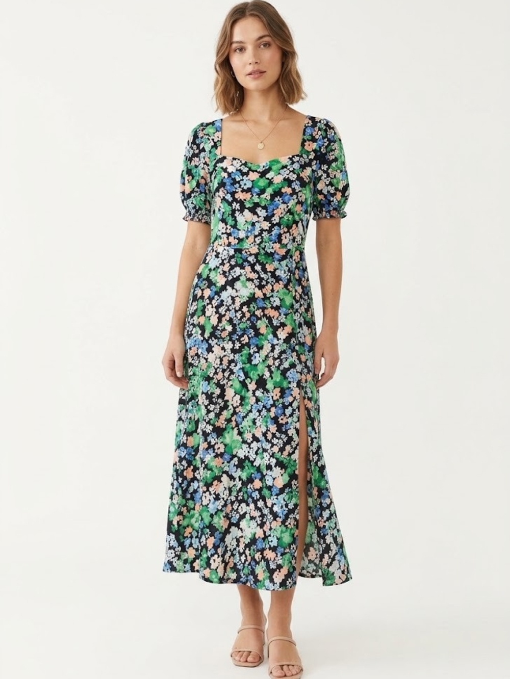 H&M Black Floral Midi Dress with Green and Blue Accents